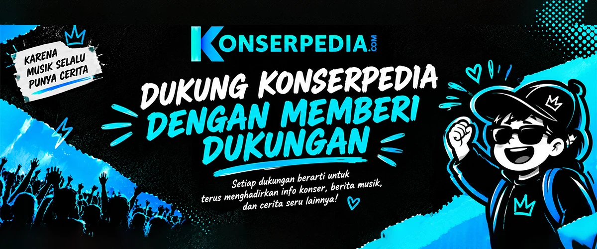 Banner Konserpedia bertuliskan “Dukung Konserpedia dengan Memberi Dukungan” dengan ilustrasi penonton konser dan karakter bergaya anak konser.